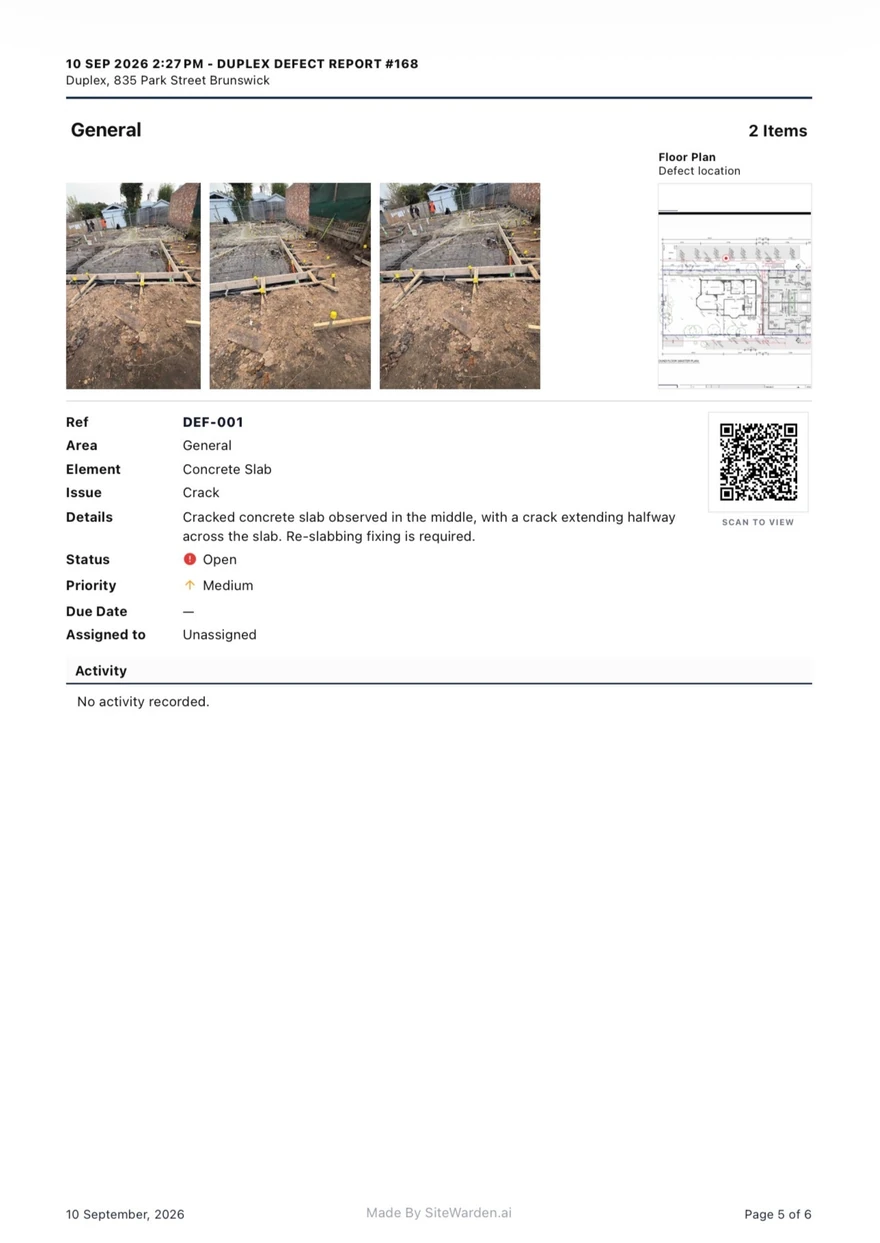 Actual SiteWarden report with photos, floor-plan location, statuses and evidence links