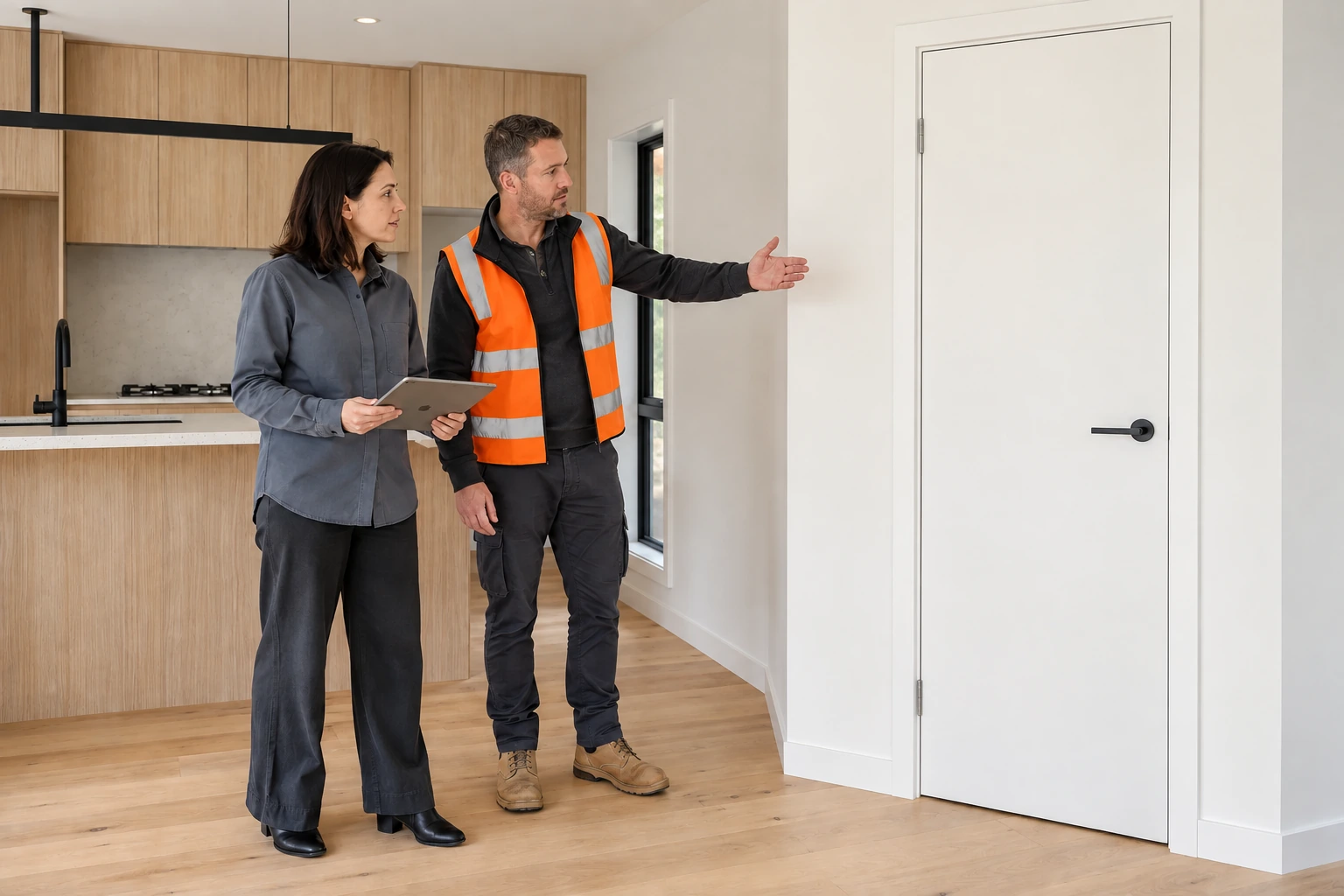 Two site professionals reviewing a completed home during a handover walkthrough