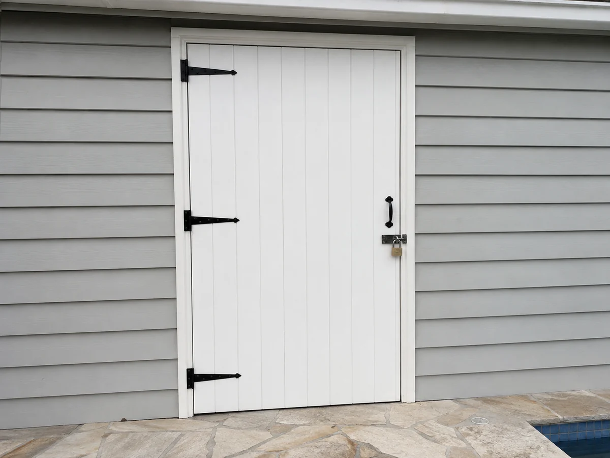 Closed pool house door secured with a padlock