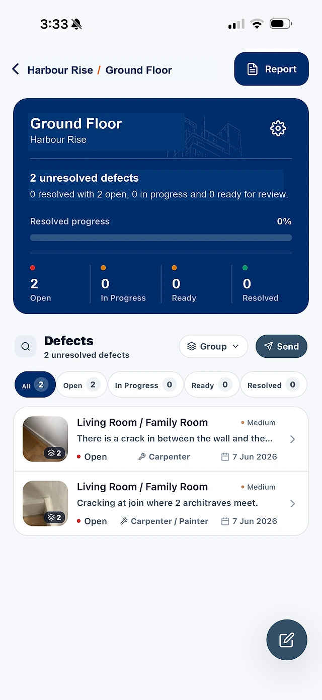 SiteWarden defect list for a ground floor: open, in-progress, ready, and resolved counts with defect cards carrying photos, trade, and due date